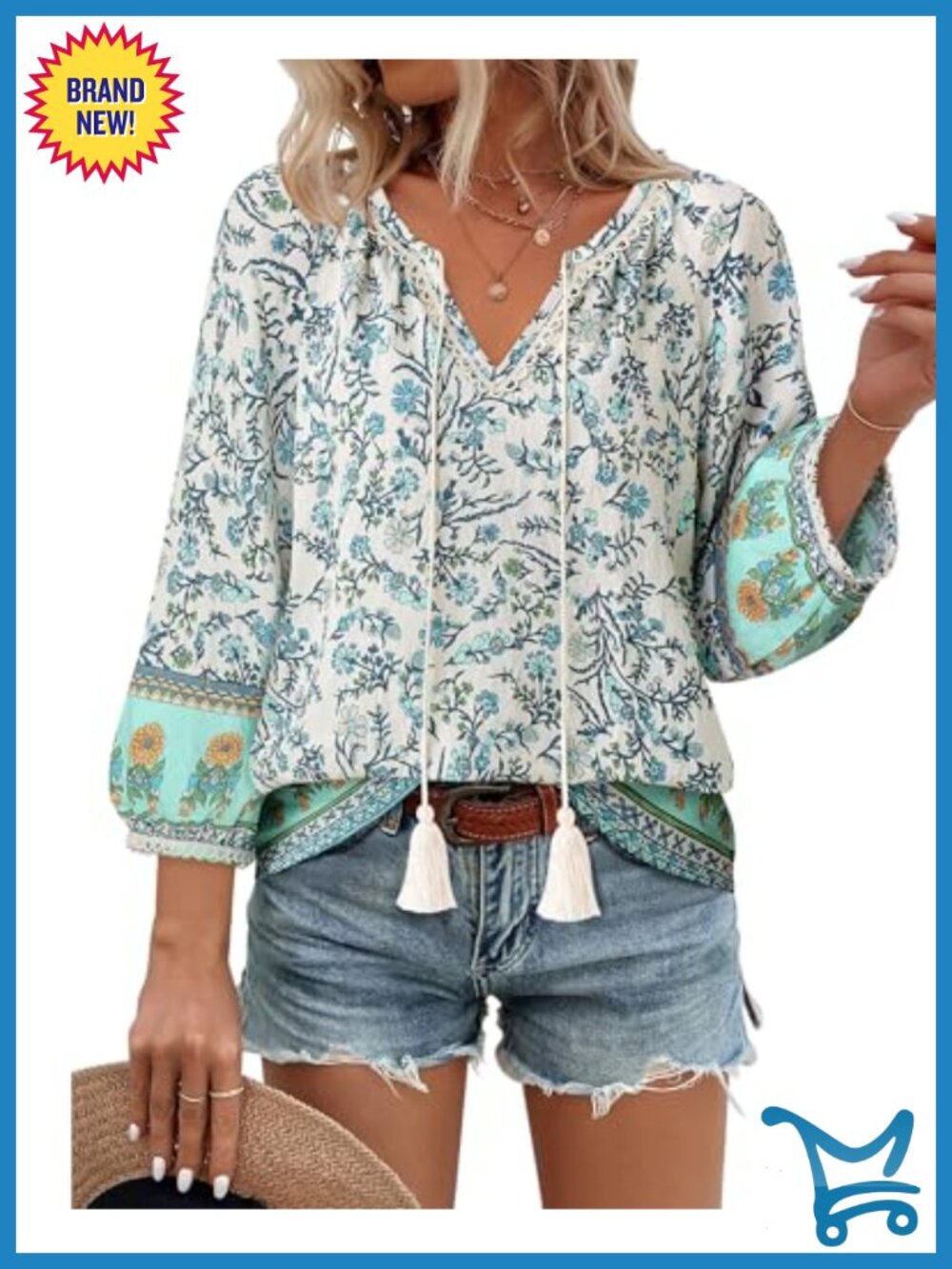Womens Boho Floral Tunic Blouse V Neck 3/4 Lantern Sleeve Tie Front